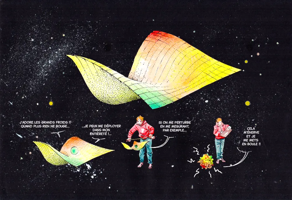 analogie dualité onde particule comme feuille de papier qui ondule ou se met en boule