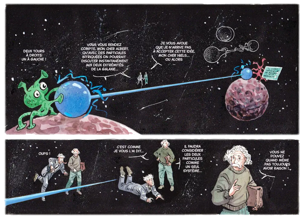 analogie intrication avec 2 boules reliées par une barre, comme une altère
